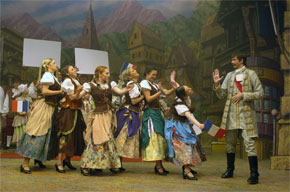 Paul Turner and chorus. Harlow Playhouse. Cinderella Design - Malvern Hostick Copyright ©.