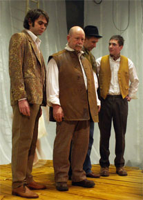 Harlow Playhouse. A Midsummer Nights Dream Design - Malvern Hostick Copyright ©. Daniel James (Starveling), Martin Bedwell (Snout), Tony Saxby (Quince), and John Stevenson (Flute), consider a ladder-run entrance, then are advised by Jason Thorpe (fairy).