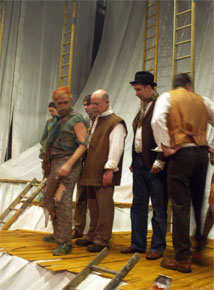 Harlow Playhouse. A Midsummer Nights Dream Design - Malvern Hostick Copyright ©. Daniel James (Starveling), Martin Bedwell (Snout), Tony Saxby (Quince), and John Stevenson (Flute), consider a ladder-run entrance, then are advised by Jason Thorpe (fairy).