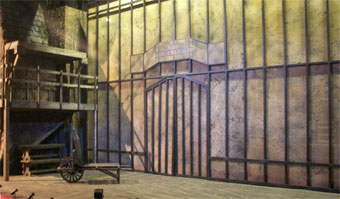 Harlow Playhouse. Design - Malvern Hostick. Oliver. Workhouse gates.